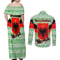 Albania Christmas Couples Matching Off Shoulder Maxi Dress and Long Sleeve Button Shirt with Green-Red Design, Double-Headed Eagle Emblem, and Santa Motif - Wonder Print Shop