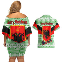 Albania Christmas Couples Matching Off Shoulder Short Dress and Hawaiian Shirt with Green-Red Design, Double-Headed Eagle Emblem, and Santa Motif - Wonder Print Shop