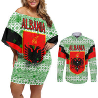 Albania Christmas Couples Matching Off Shoulder Short Dress and Long Sleeve Button Shirt with Green-Red Design, Double-Headed Eagle Emblem, and Santa Motif - Wonder Print Shop
