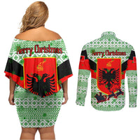 Albania Christmas Couples Matching Off Shoulder Short Dress and Long Sleeve Button Shirt with Green-Red Design, Double-Headed Eagle Emblem, and Santa Motif - Wonder Print Shop