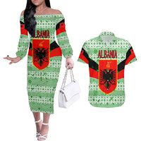 Albania Christmas Couples Matching Off The Shoulder Long Sleeve Dress and Hawaiian Shirt with Green-Red Design, Double-Headed Eagle Emblem, and Santa Motif - Wonder Print Shop