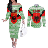 Albania Christmas Couples Matching Off The Shoulder Long Sleeve Dress and Long Sleeve Button Shirt with Green-Red Design, Double-Headed Eagle Emblem, and Santa Motif - Wonder Print Shop