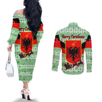 Albania Christmas Couples Matching Off The Shoulder Long Sleeve Dress and Long Sleeve Button Shirt with Green-Red Design, Double-Headed Eagle Emblem, and Santa Motif - Wonder Print Shop