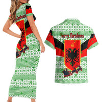 Albania Christmas Couples Matching Short Sleeve Bodycon Dress and Hawaiian Shirt with Green-Red Design, Double-Headed Eagle Emblem, and Santa Motif - Wonder Print Shop