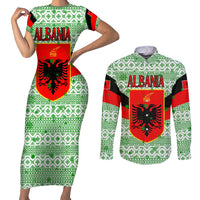 Albania Christmas Couples Matching Short Sleeve Bodycon Dress and Long Sleeve Button Shirt with Green-Red Design, Double-Headed Eagle Emblem, and Santa Motif - Wonder Print Shop