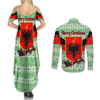 Albania Christmas Couples Matching Summer Maxi Dress and Long Sleeve Button Shirt with Green-Red Design, Double-Headed Eagle Emblem, and Santa Motif - Wonder Print Shop