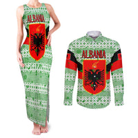Albania Christmas Couples Matching Tank Maxi Dress and Long Sleeve Button Shirt with Green-Red Design, Double-Headed Eagle Emblem, and Santa Motif - Wonder Print Shop