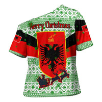 Albania Christmas Cross Shoulder Shirt with Green-Red Design, Double-Headed Eagle Emblem, and Santa Motif - Wonder Print Shop