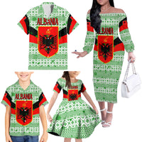 Albania Christmas Family Matching Off The Shoulder Long Sleeve Dress and Hawaiian Shirt with Green-Red Design, Double-Headed Eagle Emblem, and Santa Motif - Wonder Print Shop