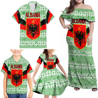 Albania Christmas Family Matching Off Shoulder Maxi Dress and Hawaiian Shirt with Green-Red Design, Double-Headed Eagle Emblem, and Santa Motif - Wonder Print Shop