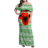 Albania Christmas Family Matching Off Shoulder Maxi Dress and Hawaiian Shirt with Green-Red Design, Double-Headed Eagle Emblem, and Santa Motif - Wonder Print Shop