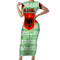 Albania Christmas Family Matching Short Sleeve Bodycon Dress and Hawaiian Shirt with Green-Red Design, Double-Headed Eagle Emblem, and Santa Motif - Wonder Print Shop