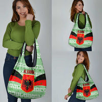 Albania Christmas Grocery Bag with Green-Red Design, Double-Headed Eagle Emblem, and Santa Motif - Wonder Print Shop