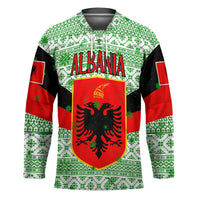 Albania Christmas Hockey Jersey with Green-Red Design, Double-Headed Eagle Emblem, and Santa Motif - Wonder Print Shop