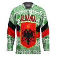 Albania Christmas Hockey Jersey with Green-Red Design, Double-Headed Eagle Emblem, and Santa Motif - Wonder Print Shop