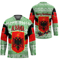 Albania Christmas Hockey Jersey with Green-Red Design, Double-Headed Eagle Emblem, and Santa Motif - Wonder Print Shop