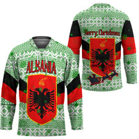 Albania Christmas Hockey Jersey with Green-Red Design, Double-Headed Eagle Emblem, and Santa Motif - Wonder Print Shop