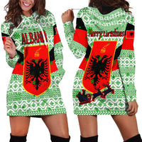 Albania Christmas Hoodie Dress with Green-Red Design, Double-Headed Eagle Emblem, and Santa Motif - Wonder Print Shop