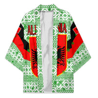 Albania Christmas Kimono with Green-Red Design, Double-Headed Eagle Emblem, and Santa Motif - Wonder Print Shop