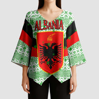 Albania Christmas Kimono Sleeve Blouse with Green-Red Design, Double-Headed Eagle Emblem, and Santa Motif - Wonder Print Shop