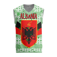 Albania Christmas Knitted V-Neck Vest with Green-Red Design, Double-Headed Eagle Emblem, and Santa Motif - Wonder Print Shop