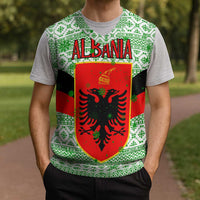 Albania Christmas Knitted V-Neck Vest with Green-Red Design, Double-Headed Eagle Emblem, and Santa Motif - Wonder Print Shop
