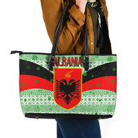 Albania Christmas Leather Tote Bag with Green-Red Design, Double-Headed Eagle Emblem, and Santa Motif - Wonder Print Shop