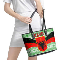 Albania Christmas Leather Tote Bag with Green-Red Design, Double-Headed Eagle Emblem, and Santa Motif - Wonder Print Shop