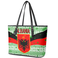 Albania Christmas Leather Tote Bag with Green-Red Design, Double-Headed Eagle Emblem, and Santa Motif - Wonder Print Shop