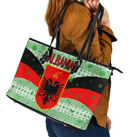 Albania Christmas Leather Tote Bag with Green-Red Design, Double-Headed Eagle Emblem, and Santa Motif - Wonder Print Shop