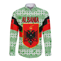 Albania Christmas Long Sleeve Button Shirt with Green-Red Design, Double-Headed Eagle Emblem, and Santa Motif - Wonder Print Shop