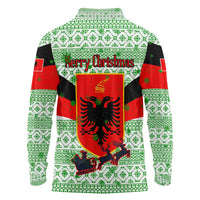 Albania Christmas Long Sleeve Polo Shirt with Green-Red Design, Double-Headed Eagle Emblem, and Santa Motif - Wonder Print Shop