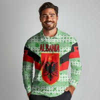 Albania Christmas Long Sleeve Polo Shirt with Green-Red Design, Double-Headed Eagle Emblem, and Santa Motif - Wonder Print Shop