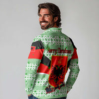 Albania Christmas Long Sleeve Polo Shirt with Green-Red Design, Double-Headed Eagle Emblem, and Santa Motif - Wonder Print Shop