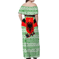 Albania Christmas Off Shoulder Maxi Dress with Green-Red Design, Double-Headed Eagle Emblem, and Santa Motif - Wonder Print Shop