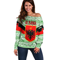 Albania Christmas Off Shoulder Sweater with Green-Red Design, Double-Headed Eagle Emblem, and Santa Motif - Wonder Print Shop