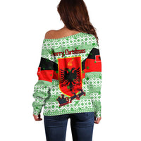 Albania Christmas Off Shoulder Sweater with Green-Red Design, Double-Headed Eagle Emblem, and Santa Motif - Wonder Print Shop