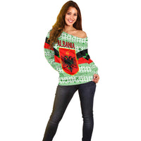 Albania Christmas Off Shoulder Sweater with Green-Red Design, Double-Headed Eagle Emblem, and Santa Motif - Wonder Print Shop