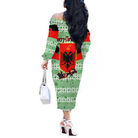 Albania Christmas Off The Shoulder Long Sleeve Dress with Green-Red Design, Double-Headed Eagle Emblem, and Santa Motif - Wonder Print Shop