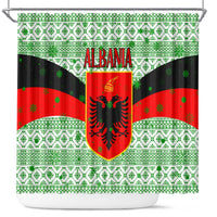 Albania Christmas Shower Curtain with Green-Red Design, Double-Headed Eagle Emblem, and Santa Motif - Wonder Print Shop