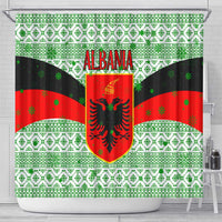 Albania Christmas Shower Curtain with Green-Red Design, Double-Headed Eagle Emblem, and Santa Motif - Wonder Print Shop