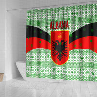 Albania Christmas Shower Curtain with Green-Red Design, Double-Headed Eagle Emblem, and Santa Motif - Wonder Print Shop