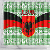 Albania Christmas Shower Curtain with Green-Red Design, Double-Headed Eagle Emblem, and Santa Motif - Wonder Print Shop
