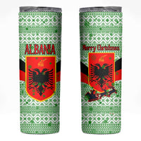 Albania Christmas Skinny Tumbler with Green-Red Design, Double-Headed Eagle Emblem, and Santa Motif - Wonder Print Shop