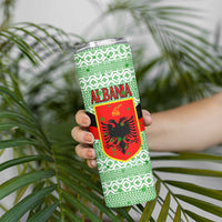 Albania Christmas Skinny Tumbler with Green-Red Design, Double-Headed Eagle Emblem, and Santa Motif - Wonder Print Shop