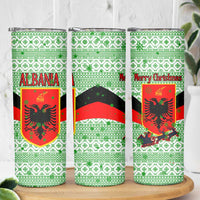Albania Christmas Skinny Tumbler with Green-Red Design, Double-Headed Eagle Emblem, and Santa Motif - Wonder Print Shop