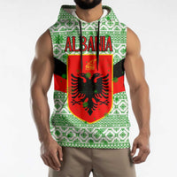 Albania Christmas Sleeveless Hoodie with Green-Red Design, Double-Headed Eagle Emblem, and Santa Motif - Wonder Print Shop