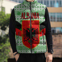 Albania Christmas Sleeveless Puffer Jacket with Green-Red Design, Double-Headed Eagle Emblem, and Santa Motif - Wonder Print Shop