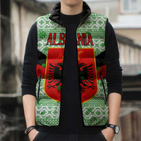 Albania Christmas Sleeveless Puffer Jacket with Green-Red Design, Double-Headed Eagle Emblem, and Santa Motif - Wonder Print Shop