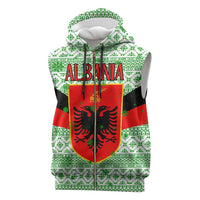 Albania Christmas Sleeveless Zip Hoodie with Green-Red Design, Double-Headed Eagle Emblem, and Santa Motif - Wonder Print Shop